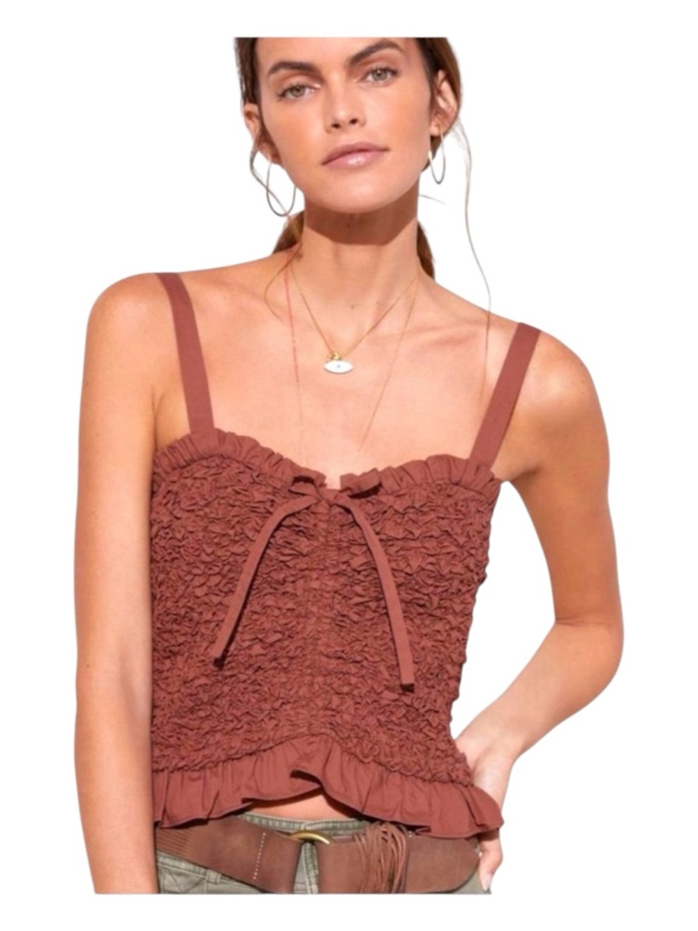 MARE MARE X ANTHROPOLOGIE Textured Smocked Ruffle Tank, Size M.